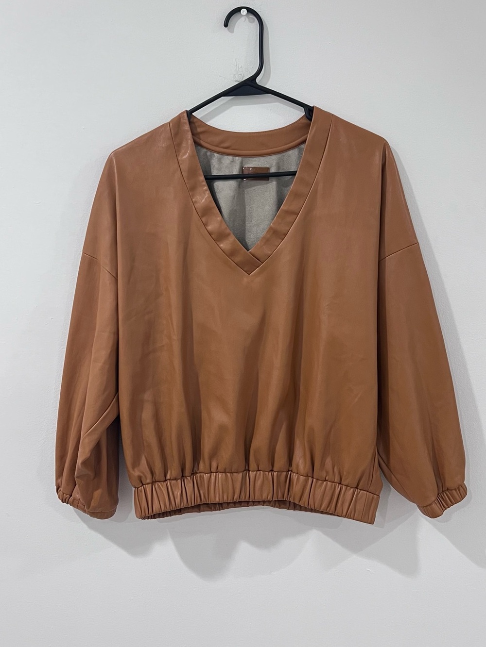 Mother Faux Leather V Neck Pullover Top Khaki Tan Oversized S/M